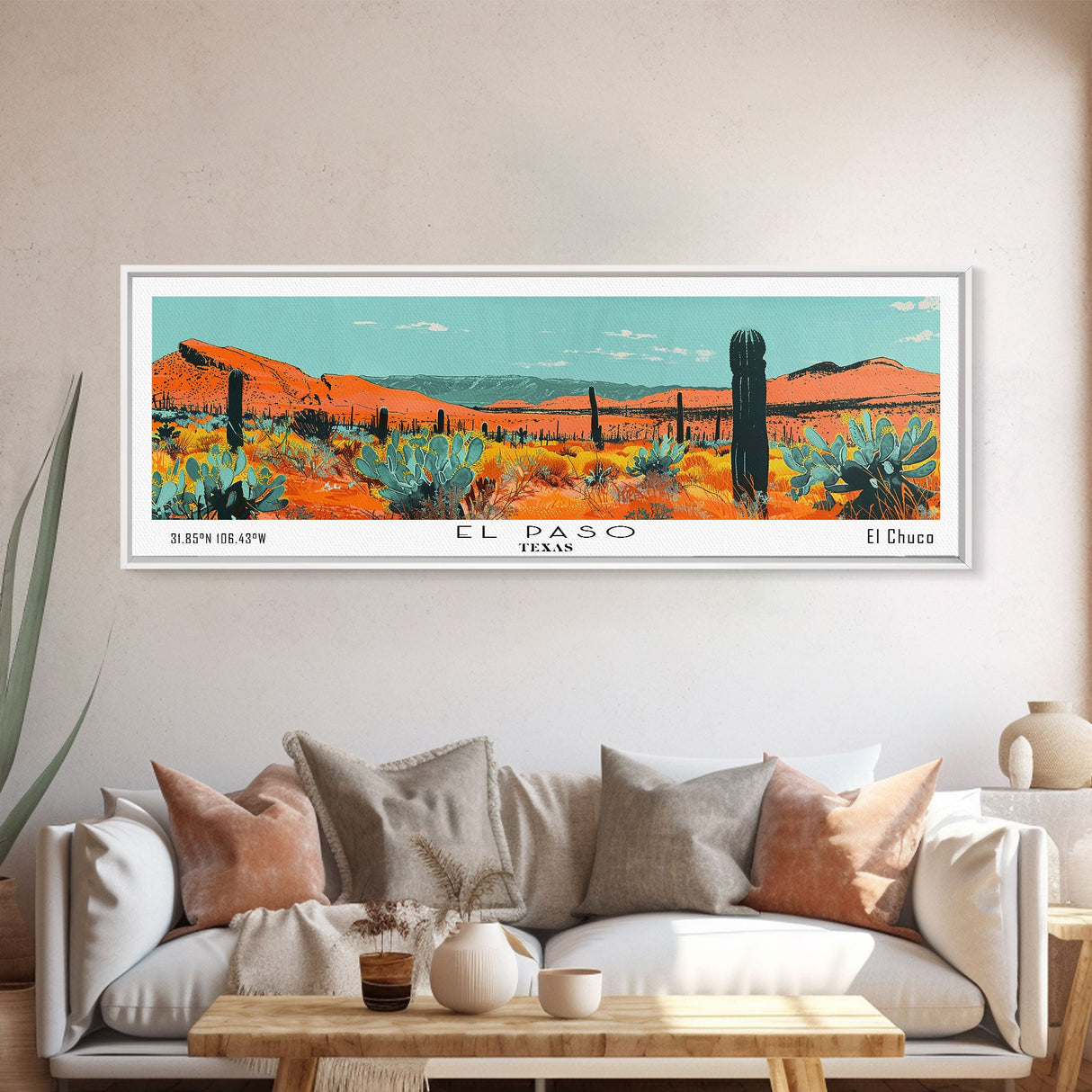 El Paso Texas Panoramic Painting, Mid Century Modern Framed Canvas Print, Retro Pop Art Travel Poster, Living Room Wall Decor