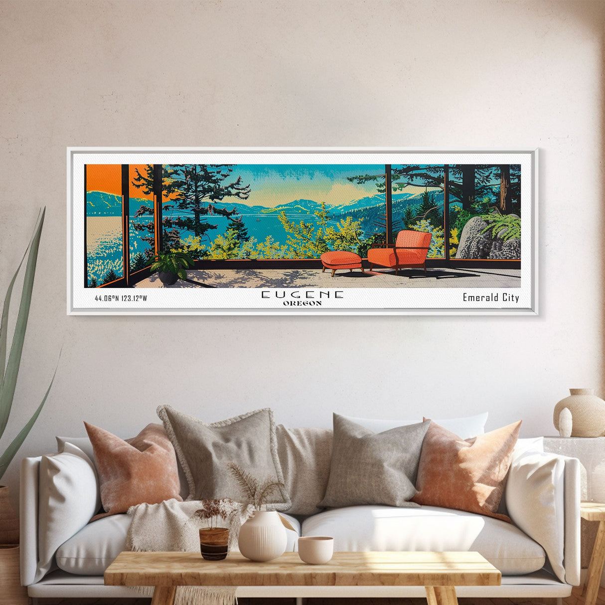 Eugene Oregon Panoramic Art, Mid Century Modern Framed Canvas Print, Retro Pop Art Travel Poster, Office Wall Decor