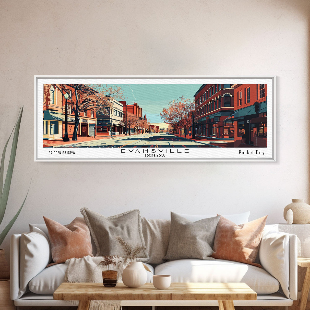 Evansville Indiana Panoramic Painting, Mid Century Modern Framed Canvas Print, Retro Pop Art Travel Poster, Living Room Wall Art