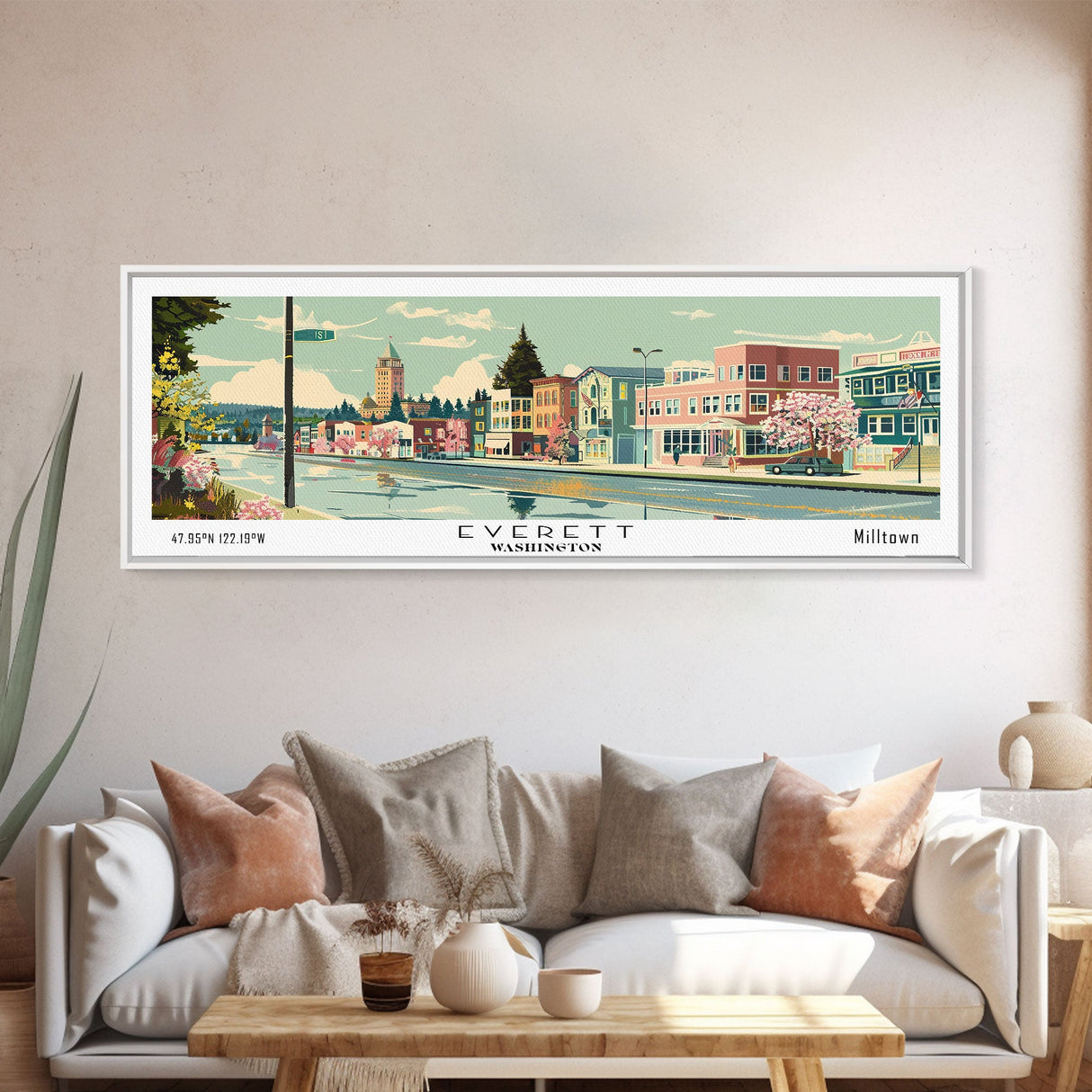 Everett Washington Panoramic Painting, Mid Century Modern Framed Canvas Print, Retro Pop Art Travel Poster, Home Wall Decor