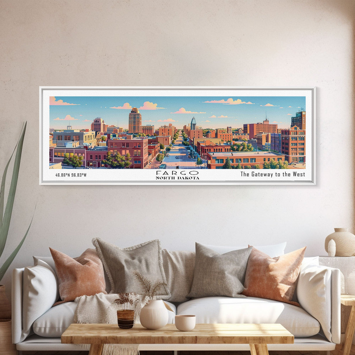 Fargo North Dakota Panoramic Painting, Mid Century Modern Framed Canvas Print, Retro Pop Art Travel Poster, City Wall Art