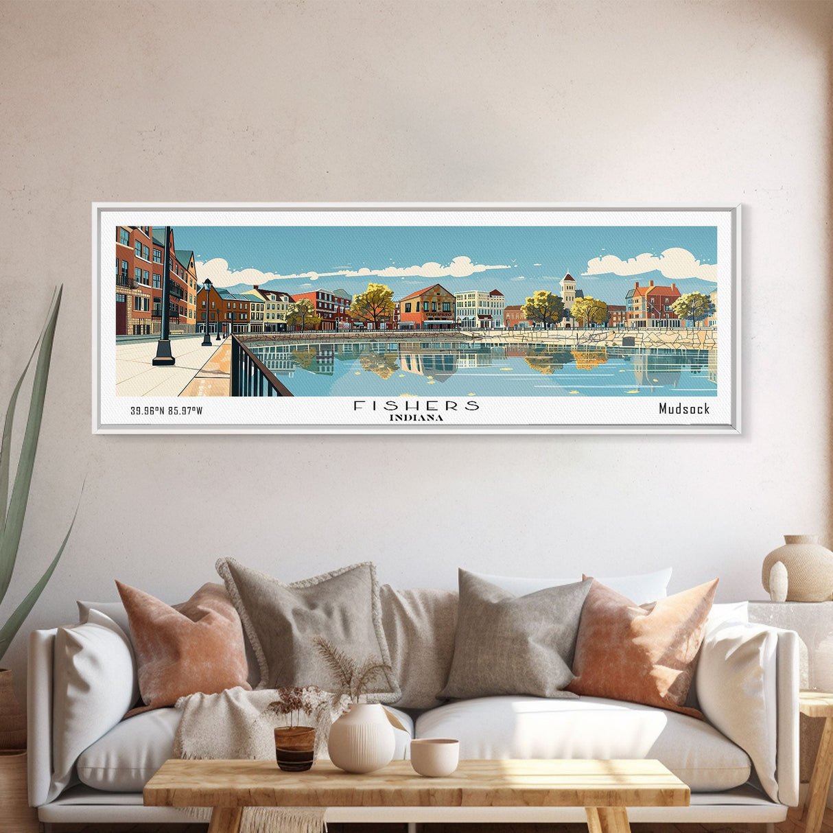 Fishers Indiana Panoramic Painting, Mid Century Modern Framed Canvas Print, Retro Pop Art Travel Poster, Home Wall Decor