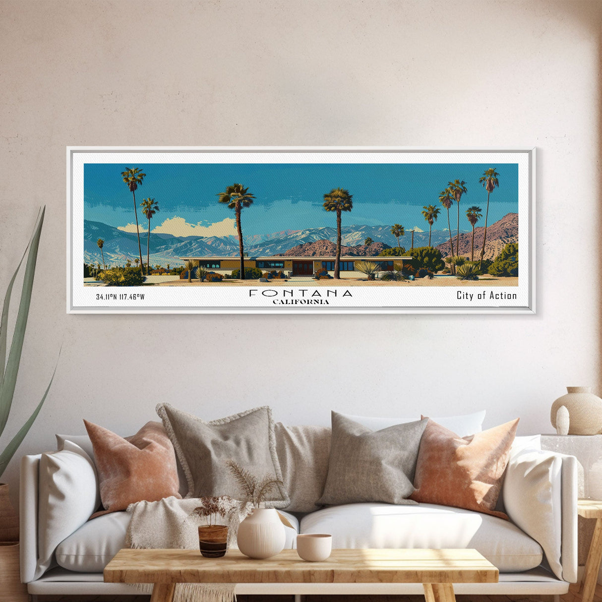 Fontana California Panoramic Painting, Mid Century Modern Framed Canvas Print, Retro Pop Art Travel Poster, Living Room Wall Art