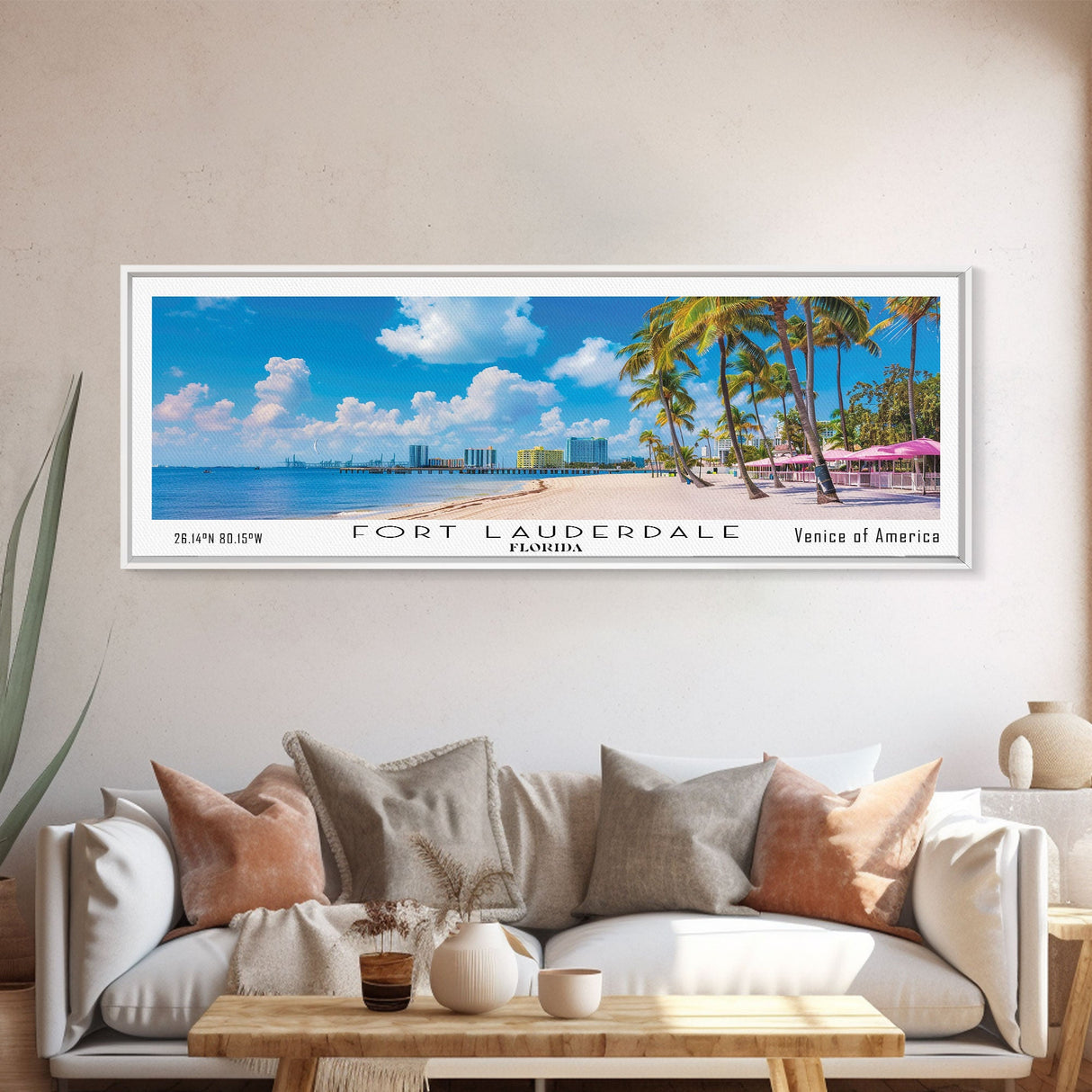 Fort Lauderdale Florida Panoramic Painting, Mid Century Modern Framed Canvas Print, Retro Pop Art Travel Poster, City Wall Art