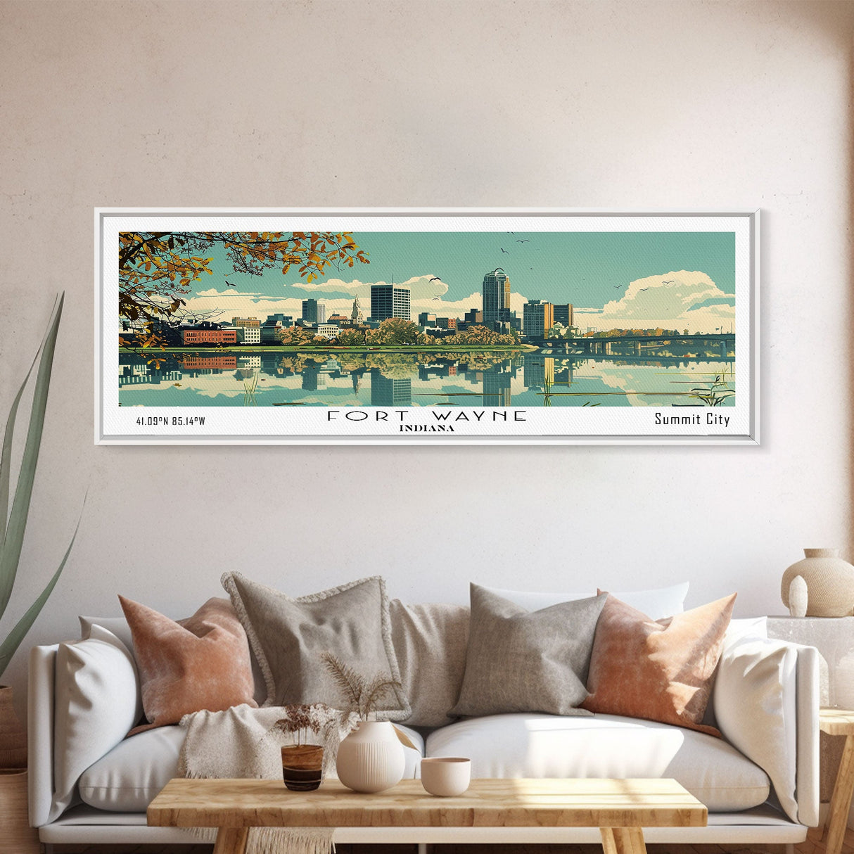 Fort Wayne Indiana Panoramic Art, Mid Century Modern Framed Canvas Print, Retro Pop Art Travel Poster, Home Wall Decor