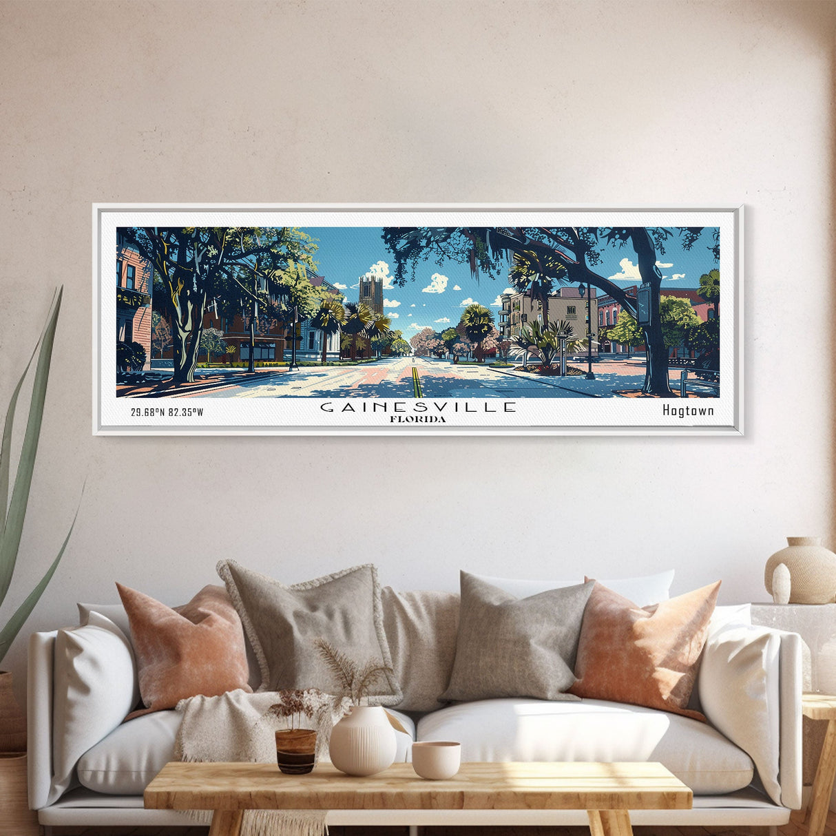 Gainesville Florida Panoramic Painting, Mid Century Modern Framed Canvas Print, Retro Pop Art Travel Poster, Home Wall Decor