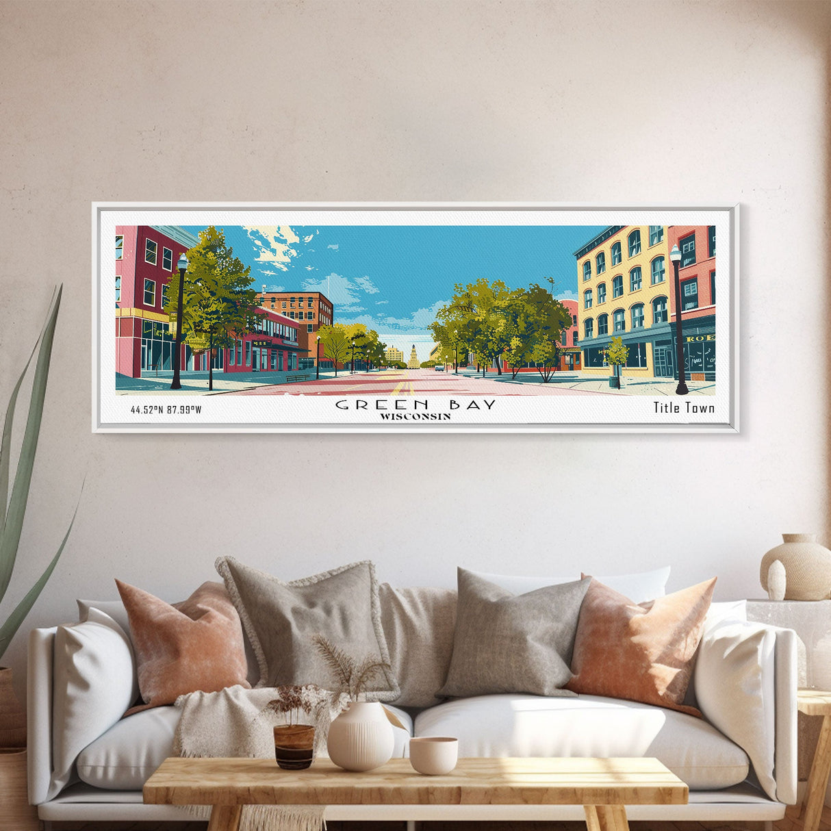 Green Bay Wisconsin Panoramic Art, Mid Century Modern Framed Canvas Print, Retro Pop Art Travel Poster, City Wall Art