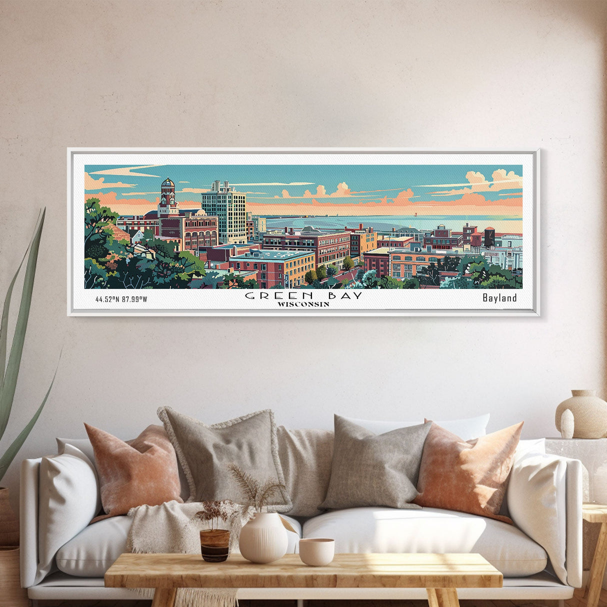 Green Bay Wisconsin Panoramic Art, Mid Century Modern Framed Canvas Print, Retro Pop Art Travel Poster, City Wall Art