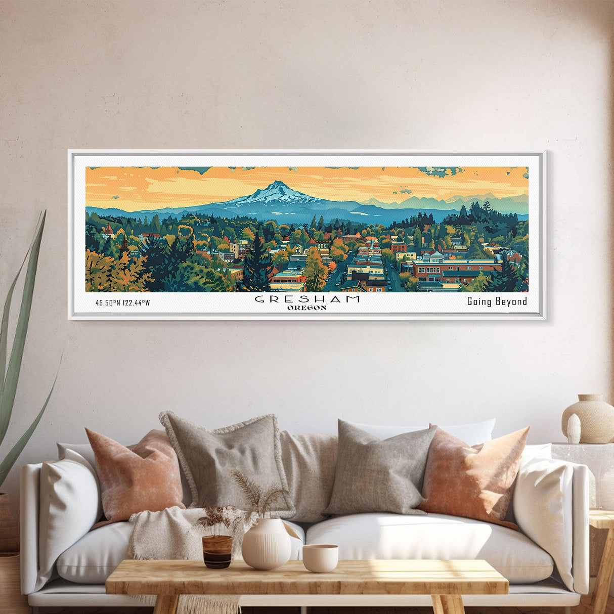 Gresham Oregon Panoramic Art, Mid Century Modern Framed Canvas Print, Retro Pop Art Travel Poster, Office Wall Decor