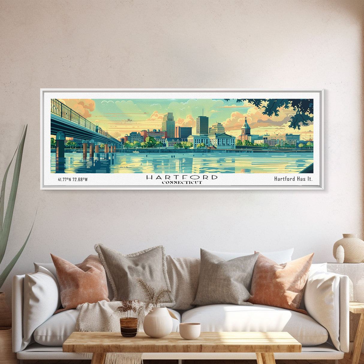 Hartford Connecticut Panoramic Painting, Mid Century Modern Framed Canvas Print, Retro Pop Art Travel Poster, Home Wall Decor