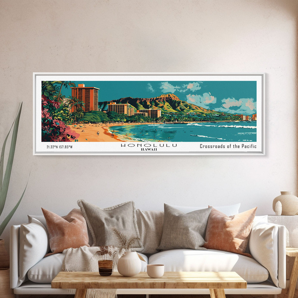 Honolulu Hawaii Panoramic Painting, Mid Century Modern Framed Canvas Print, Retro Pop Art Travel Poster, Home Wall Decor