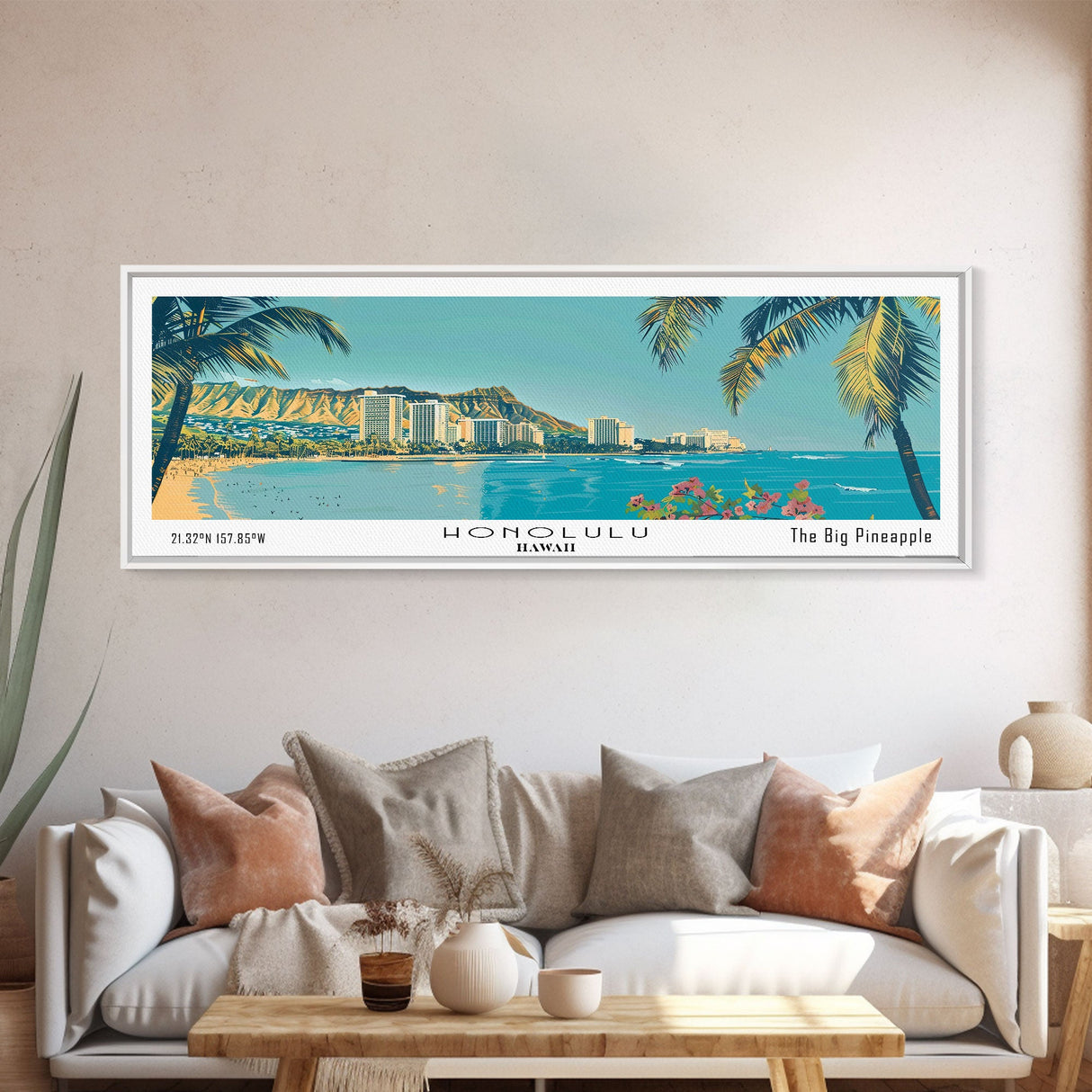 Honolulu Hawaii Panoramic Painting, Mid Century Modern Framed Canvas Print, Retro Pop Art Travel Poster, Home Wall Decor