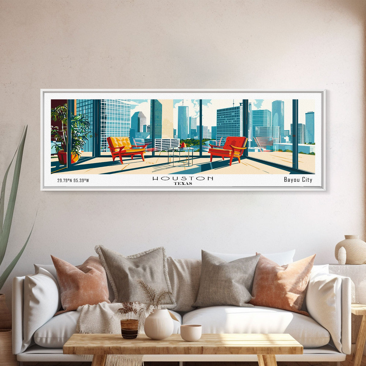 Houston Texas Panoramic Painting, Mid Century Modern Framed Canvas Print, Retro Pop Art Travel Poster, Office Wall Art