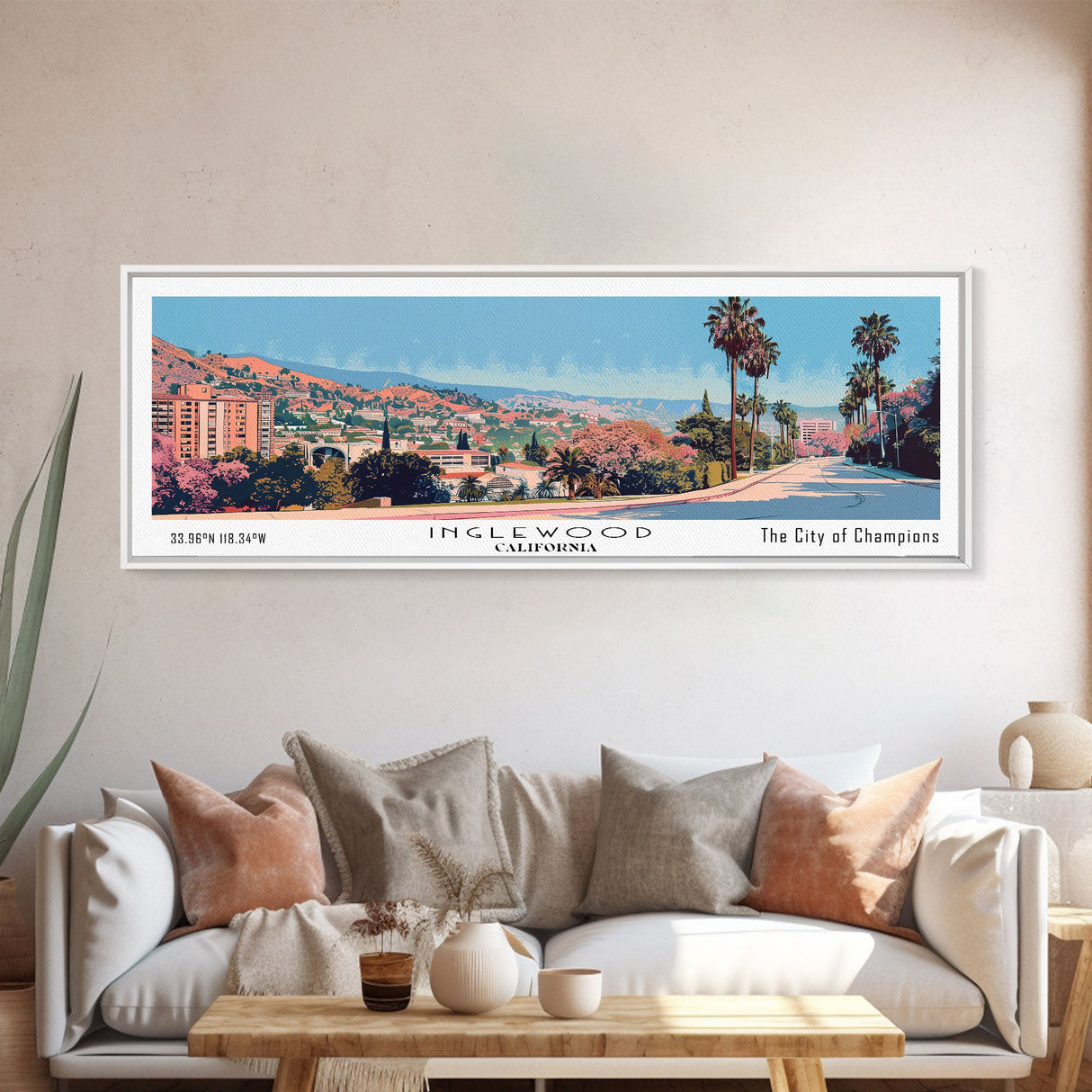 Inglewood California Panoramic Wall Art, Mid Century Modern Framed Canvas Print, Retro Pop Art Travel Poster, Home Wall Art