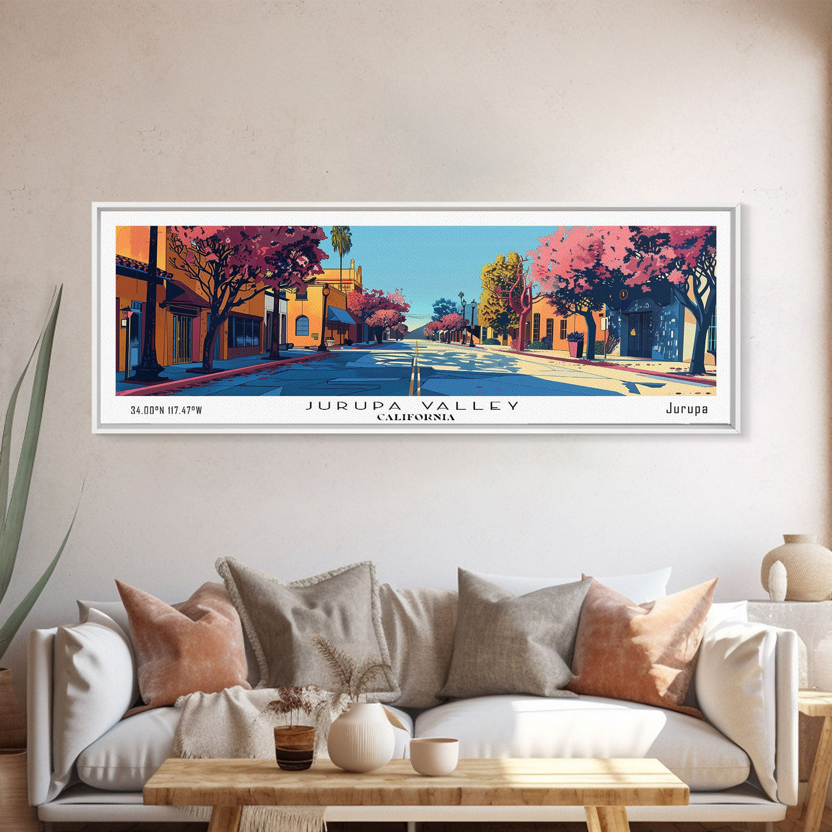 Jurupa Valley California Panoramic Painting, Mid Century Modern Framed Canvas Print, Retro Pop Art Travel Poster, Home Decor