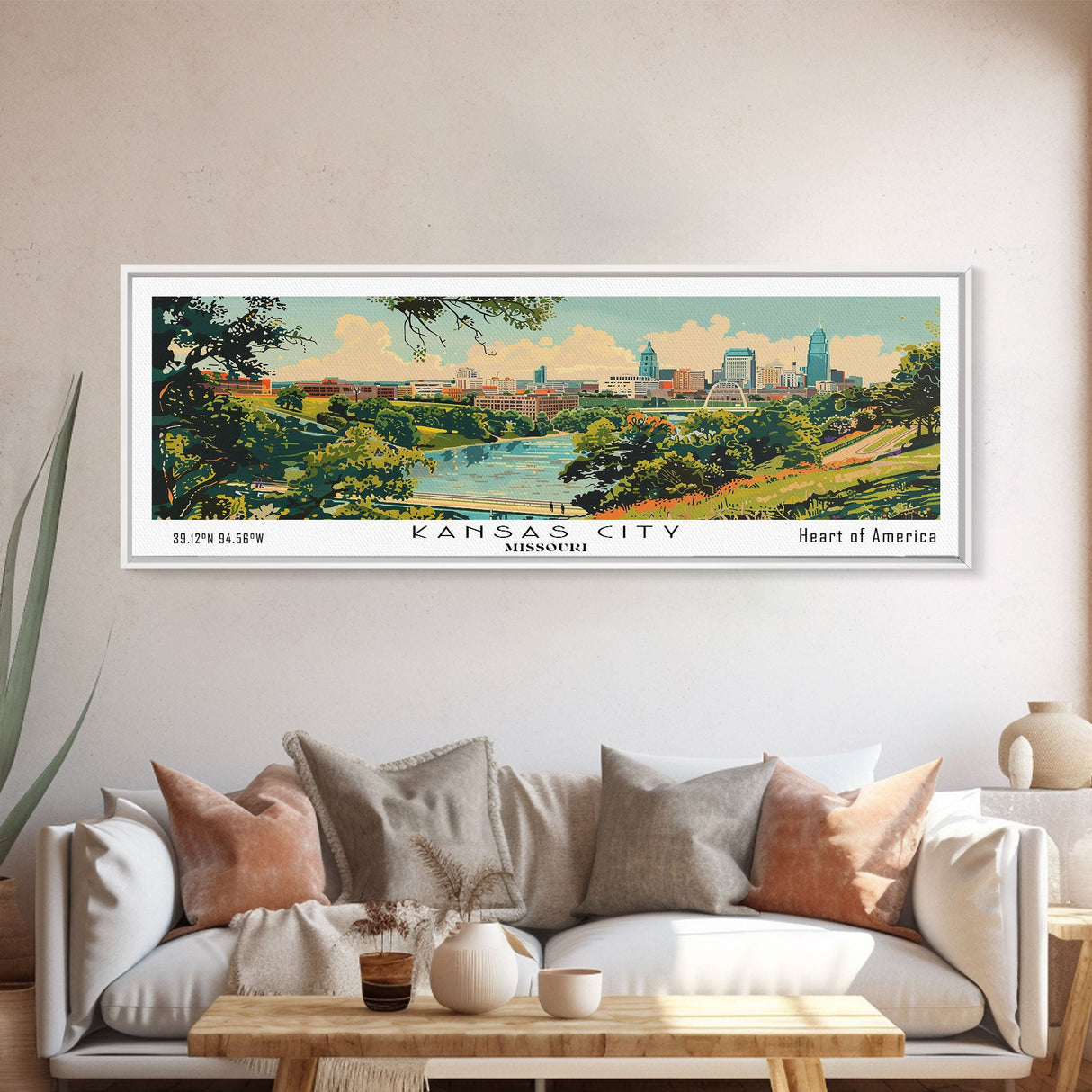 Kansas City Missouri Panoramic Painting, Mid Century Modern Framed Canvas Print, Retro Pop Art Travel Poster, Living Room Decor