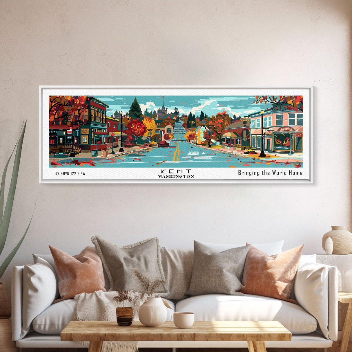 Kent Washington Panoramic Wall Art, Mid Century Modern Framed Canvas Print, Retro Pop Art Travel Poster, Home Wall Art