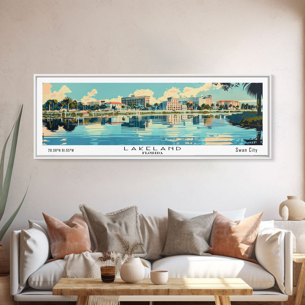 Lakeland Florida Panoramic Painting, Mid Century Modern Framed Canvas Print, Retro Pop Art Travel Poster, Home Wall Decor