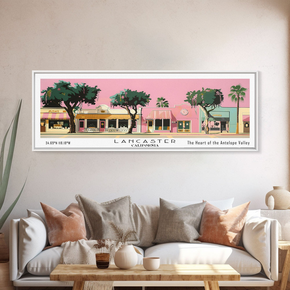 Lancaster California Panoramic Painting, Mid Century Modern Framed Canvas Print, Retro Pop Art Travel Poster, Home Decor