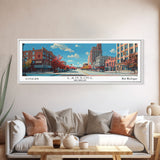 Lansing Michigan Panoramic Wall Art, Mid Century Modern Framed Canvas Print, Retro Pop Art Travel Poster, Living Room Decor