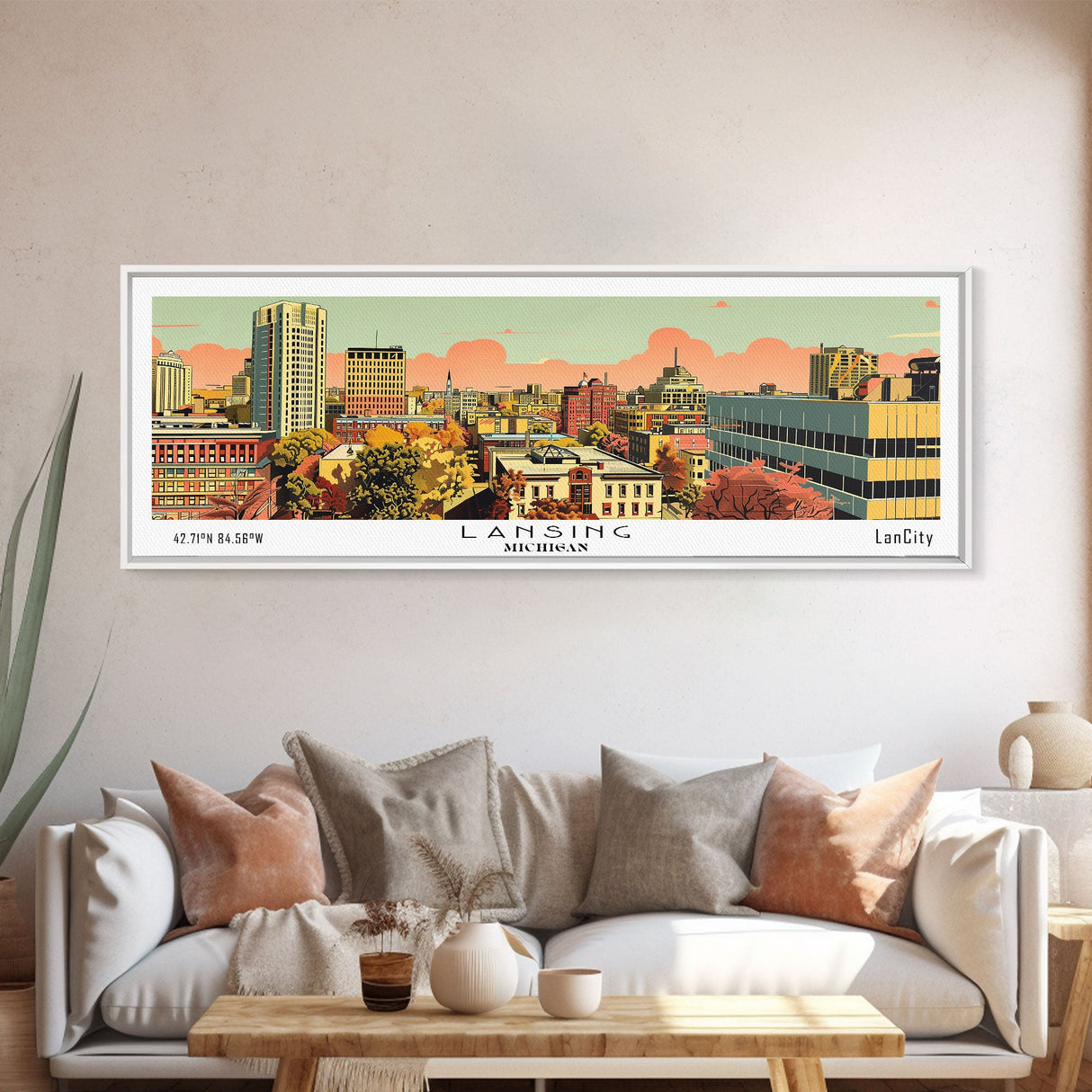 Lansing Michigan Panoramic Wall Art, Mid Century Modern Framed Canvas Print, Retro Pop Art Travel Poster, Living Room Decor