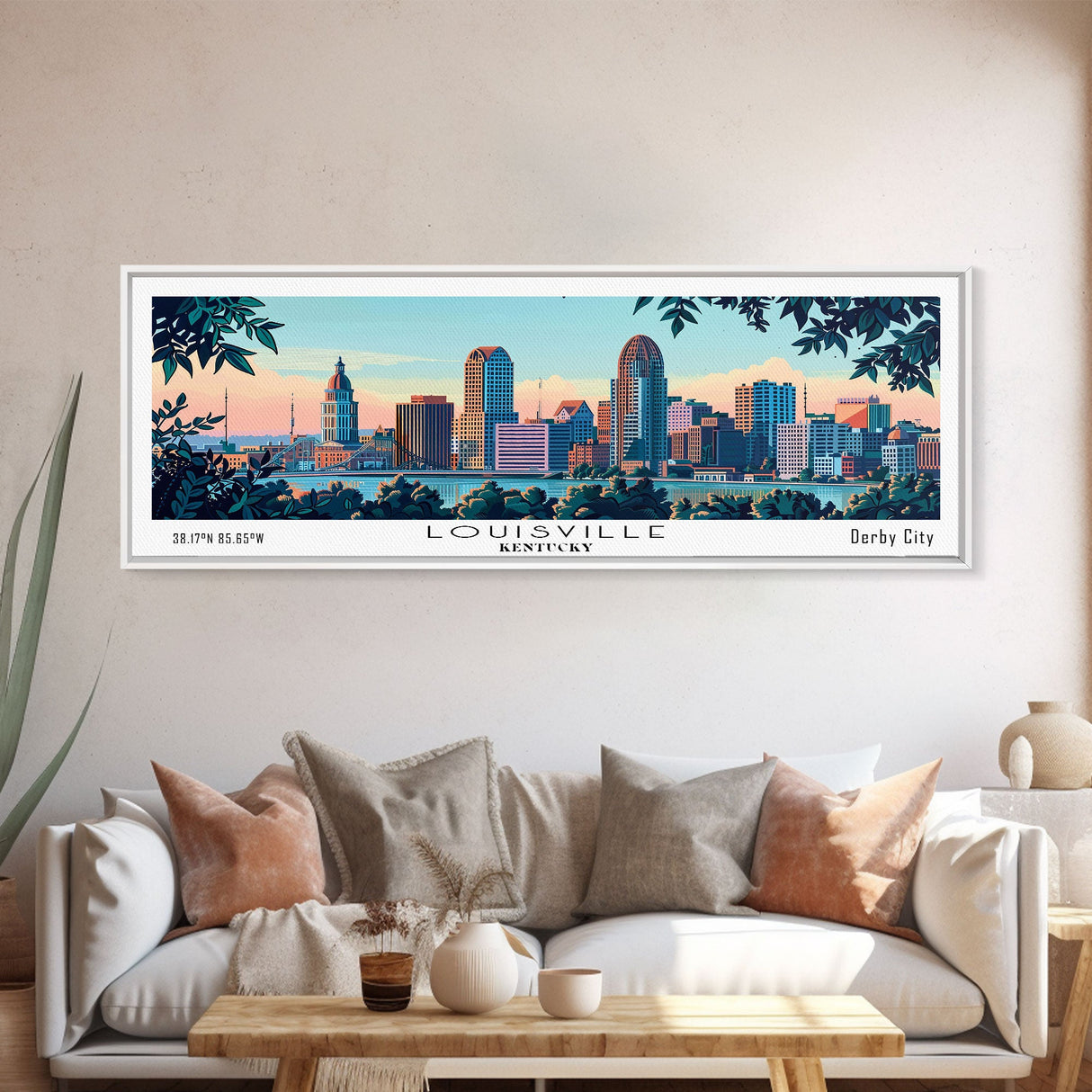 Louisville Kentucky Panoramic Wall Art, Mid Century Modern Framed Canvas Print, Retro Pop Art Travel Poster, Living Room Decor