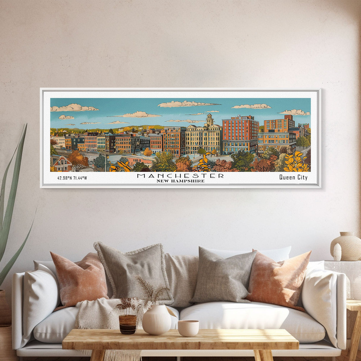 Manchester New Hampshire Panoramic Painting, Mid Century Modern Framed Canvas Print, Retro Pop Art Travel Poster, Living Room Decor