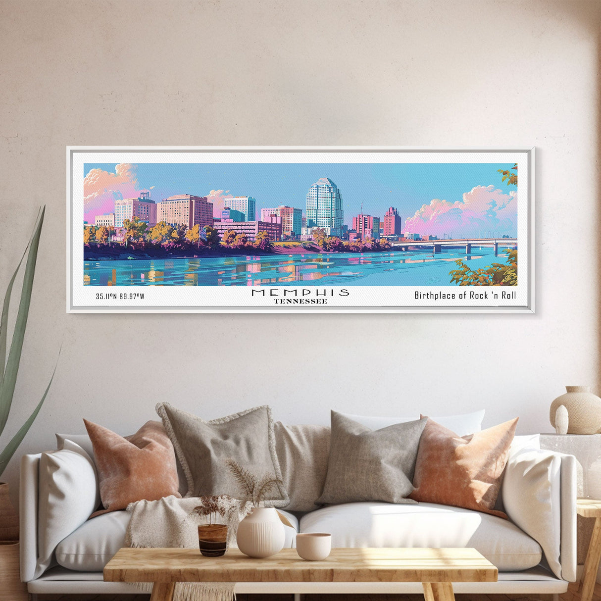 Memphis Tennessee Panoramic Painting, Mid Century Modern Framed Canvas Print, Retro Pop Art Travel Poster, Office Wall Art