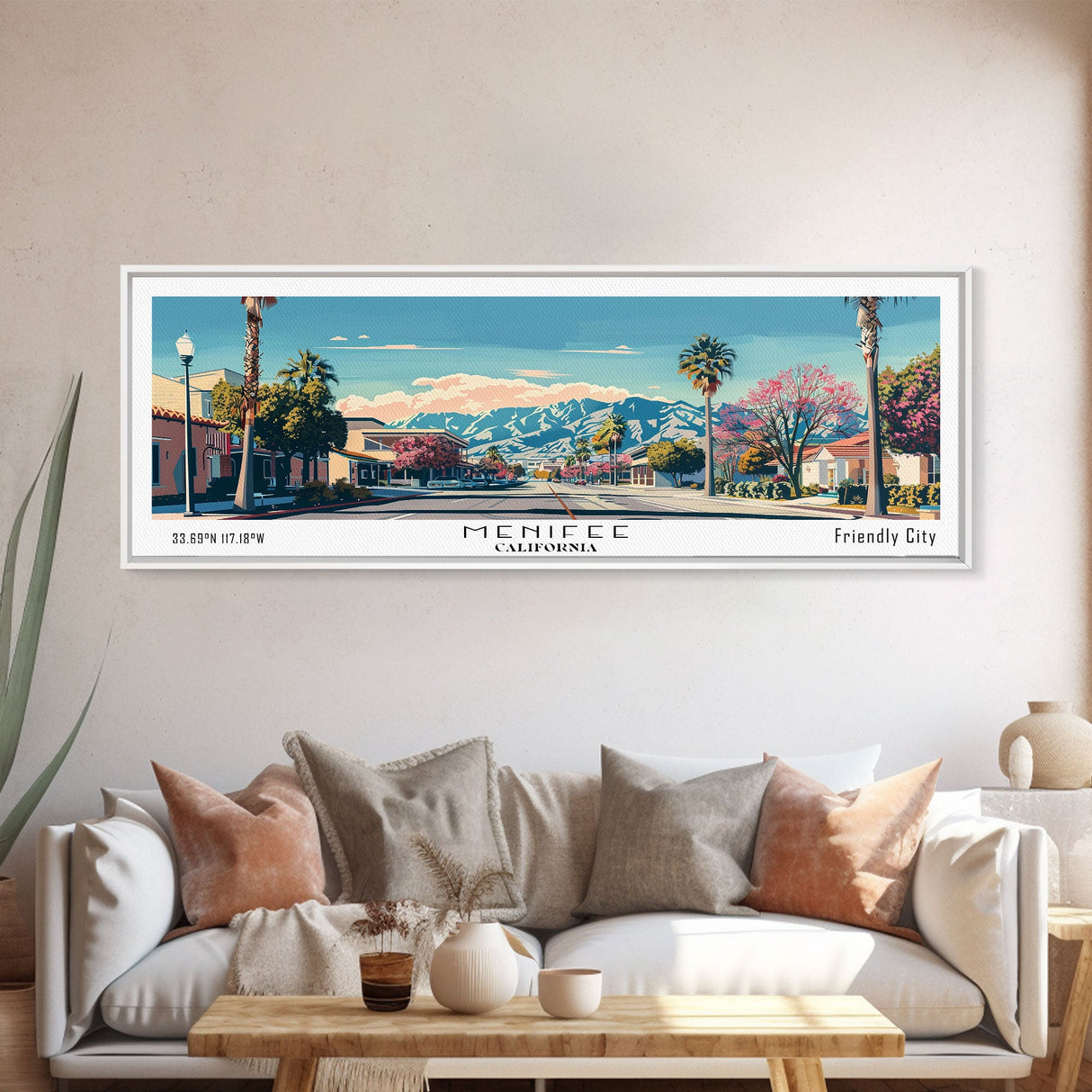 Menifee California Panoramic Wall Art, Mid Century Modern Framed Canvas Print, Retro Pop Art Travel Poster, Living Room Art