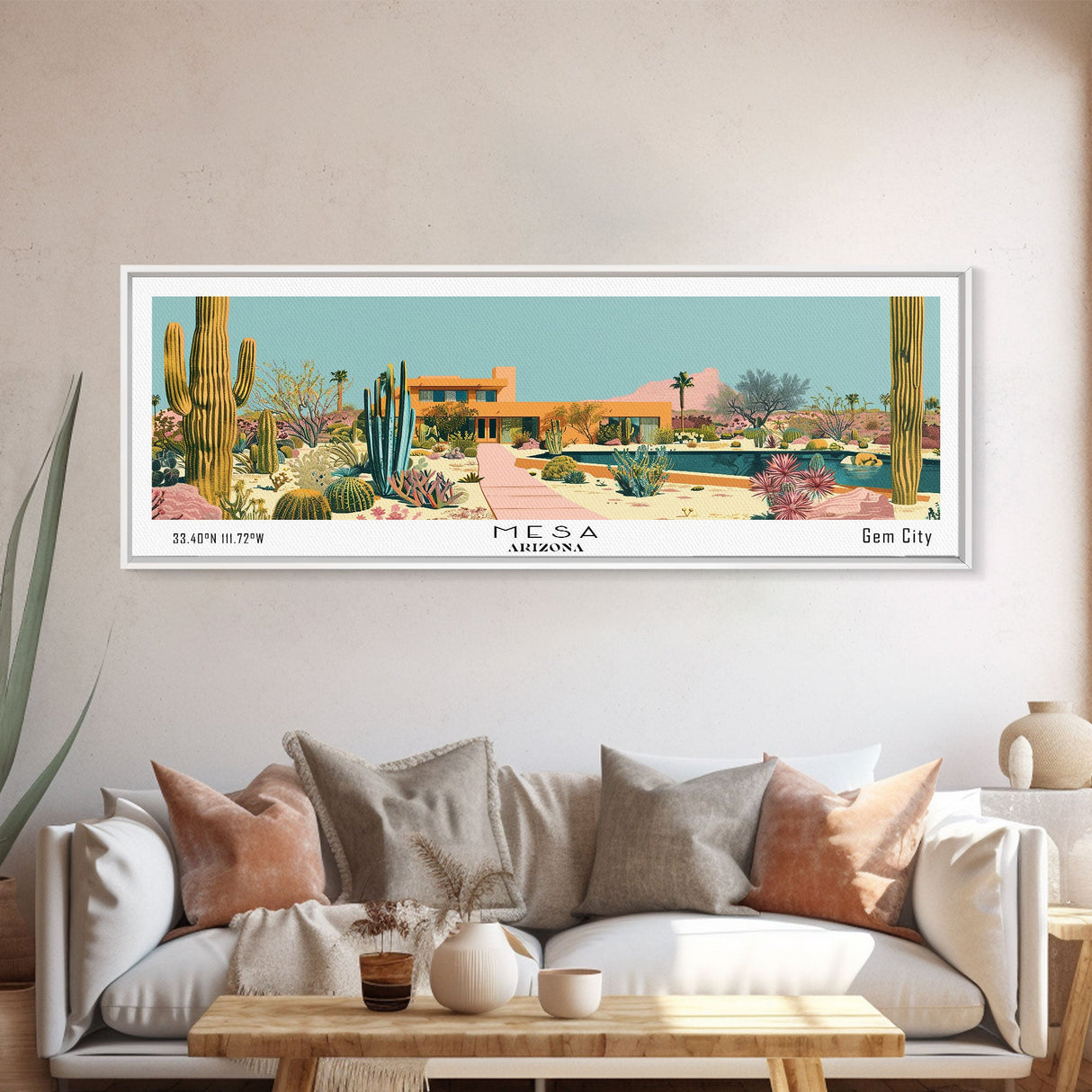 Mesa Arizona Panoramic Painting, Mid Century Modern Framed Canvas Print, Retro Pop Art Travel Poster, Office Wall Art