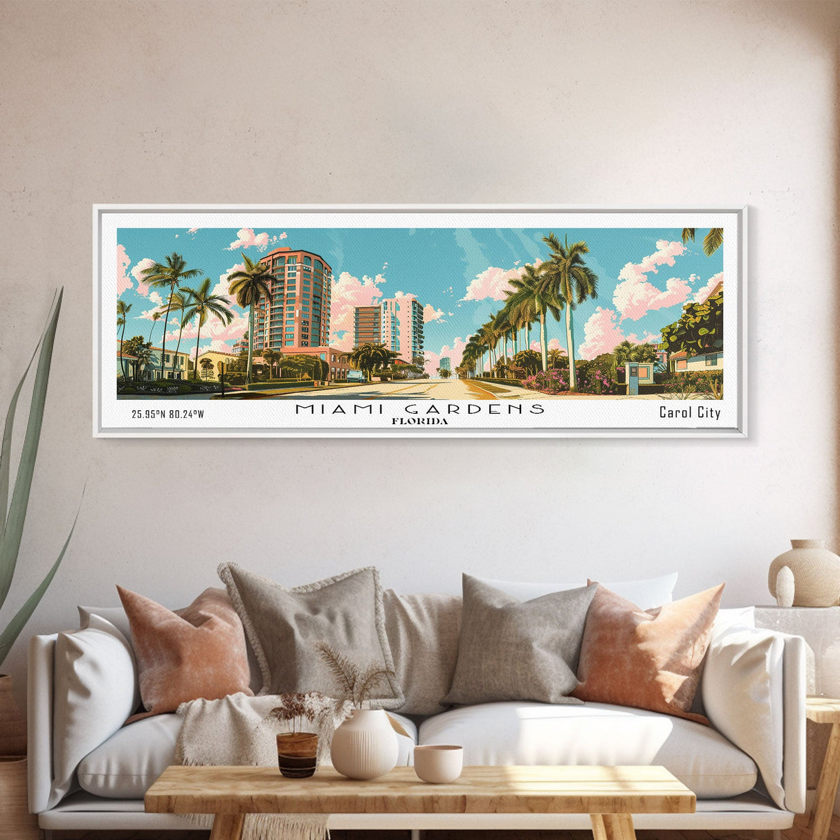 Miami Gardens Florida Panoramic Painting, Mid Century Modern Framed Canvas Print, Retro Pop Art Travel Poster, Home Wall Decor