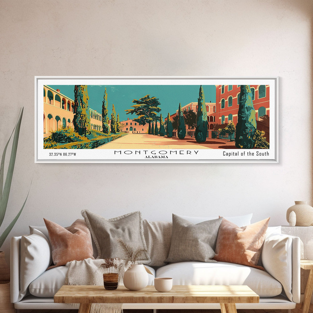 Montgomery Alabama Panoramic Wall Art, Mid Century Modern Framed Canvas Print, Retro Pop Art Travel Poster, Home Wall Art