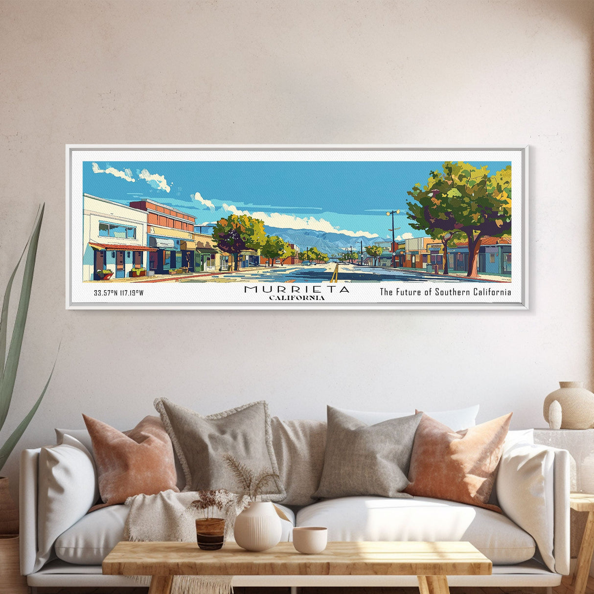 Murrieta California Panoramic Painting, Mid Century Modern Framed Canvas Print, Retro Pop Art Travel Poster, Living Room Decor