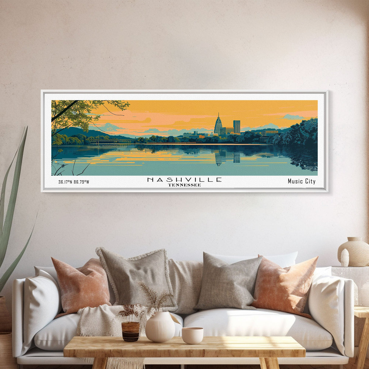 Nashville Tennessee Panoramic Painting, Mid Century Modern Framed Canvas Print, Retro Pop Art Travel Poster, Office Wall Art