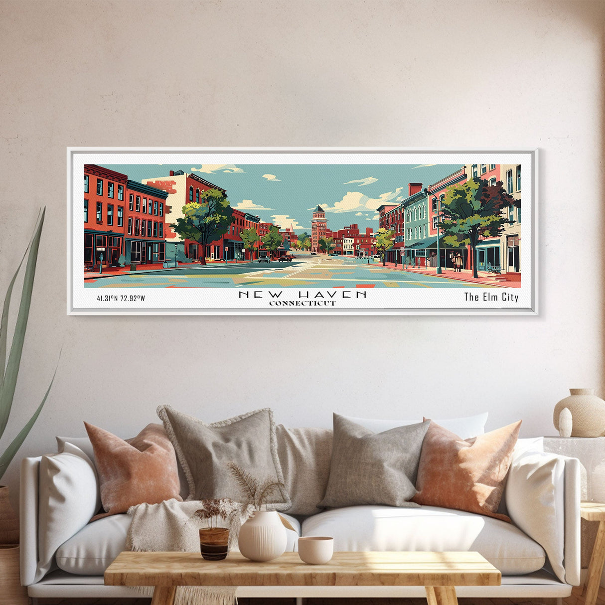 New Haven Connecticut Panoramic Wall Art, Mid Century Modern Framed Canvas Print, Retro Pop Art Travel Poster, Living Room Art