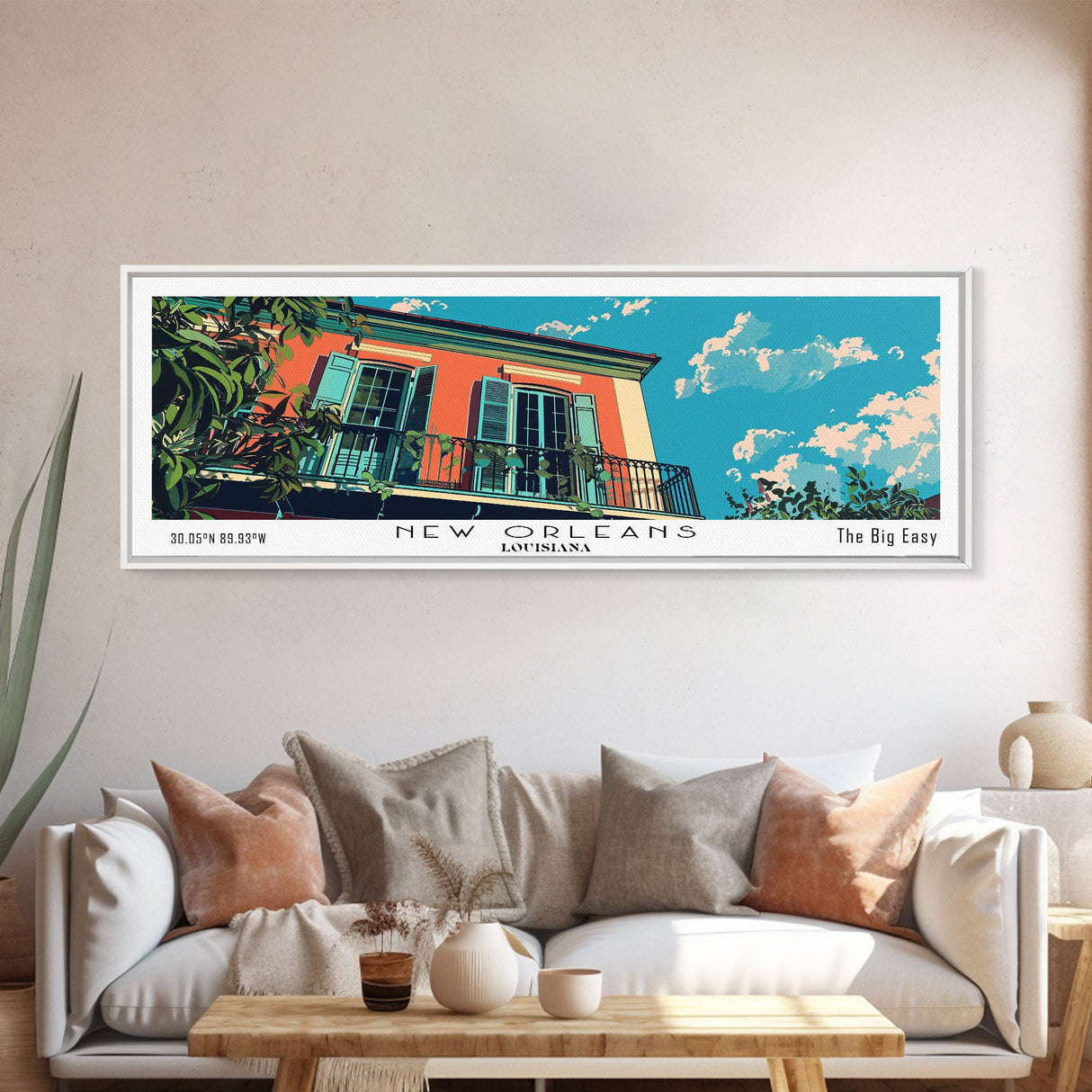 New Orleans Louisiana Panoramic Painting, Mid Century Modern Framed Canvas Print, Retro Pop Art Travel Poster, Office Decor