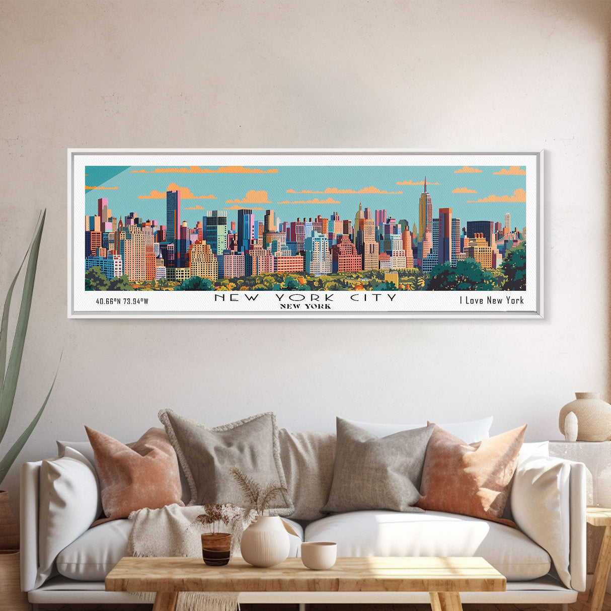 New York New York Panoramic Painting, Mid Century Modern Framed Canvas Print, Retro Pop Art Travel Poster, City Art, Office Wall Decor, Living Room Art