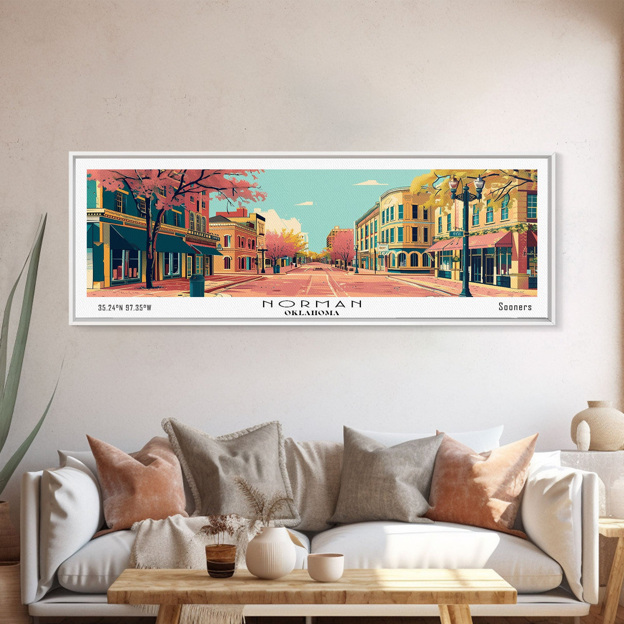 Norman Oklahoma Panoramic Wall Art, Mid Century Modern Framed Canvas Print, Retro Pop Art Travel Poster, City Art, Office Wall Decor, Living Room Art