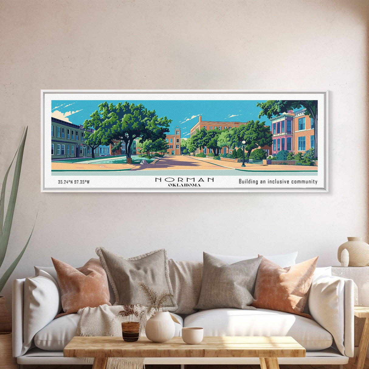 Norman Oklahoma Panoramic Wall Art, Mid Century Modern Framed Canvas Print, Retro Pop Art Travel Poster, City Art, Office Wall Decor, Living Room Art