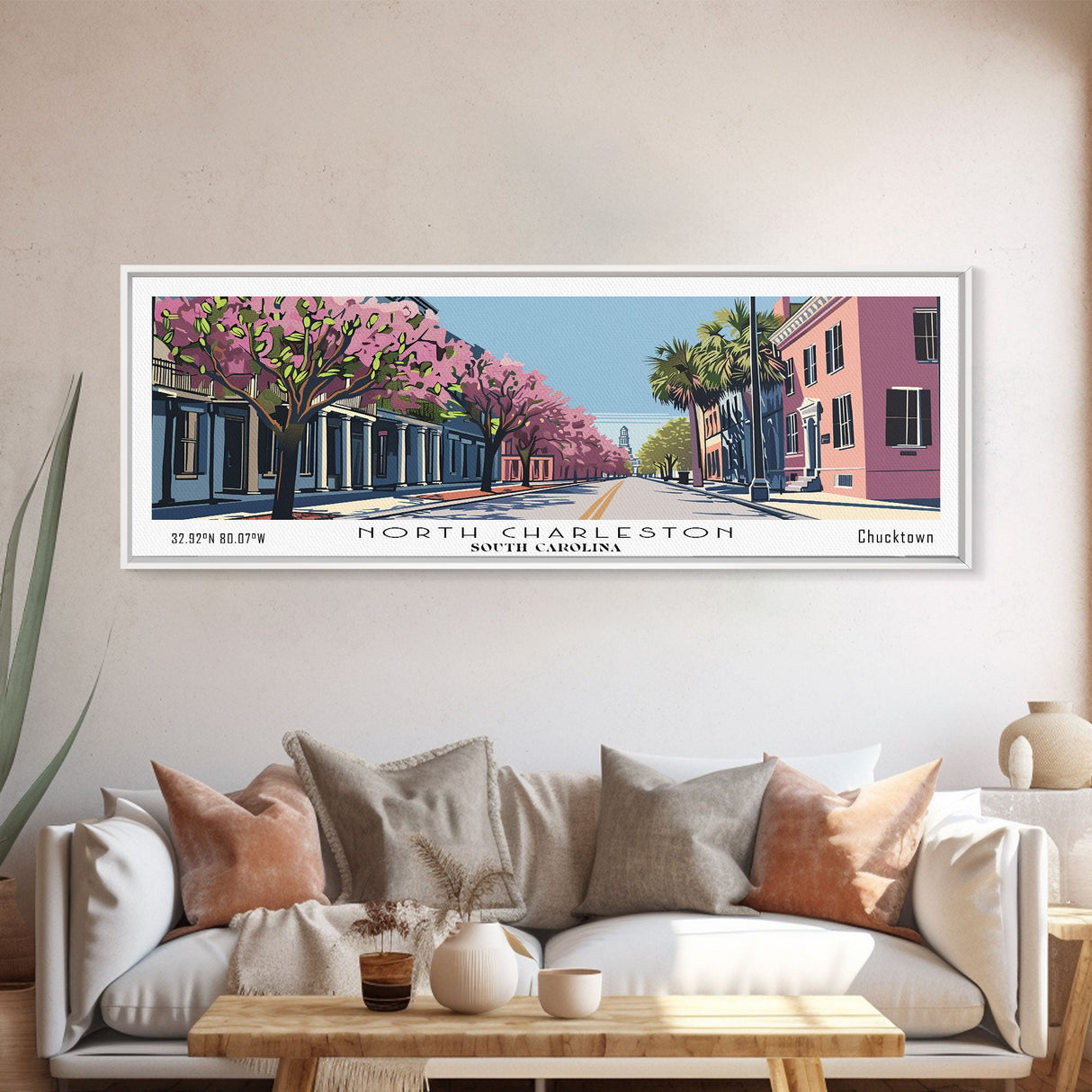 North Charleston South Carolina Panoramic Wall Art, Mid Century Modern Framed Canvas Print, Retro Pop Art Travel Poster, City Art, Office Wall Decor, Living Room Art