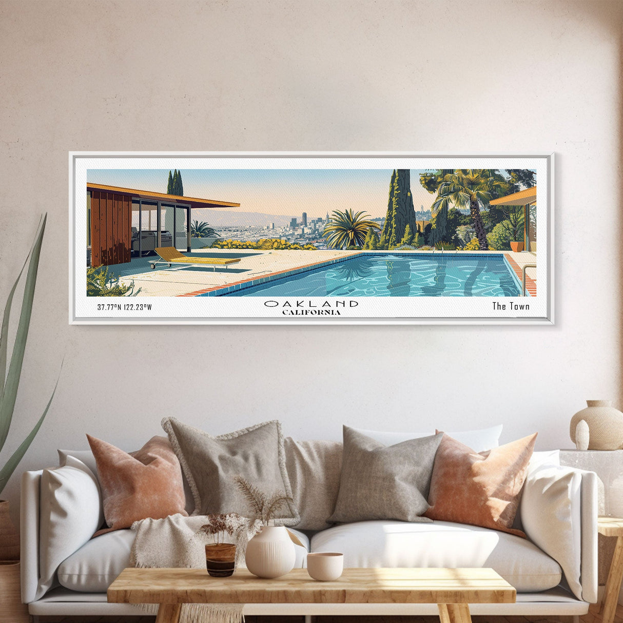 Oakland California Panoramic Painting, Mid Century Modern Framed Canvas Print, Retro Pop Art Travel Poster, City Art, Office Wall Decor, Living Room Art