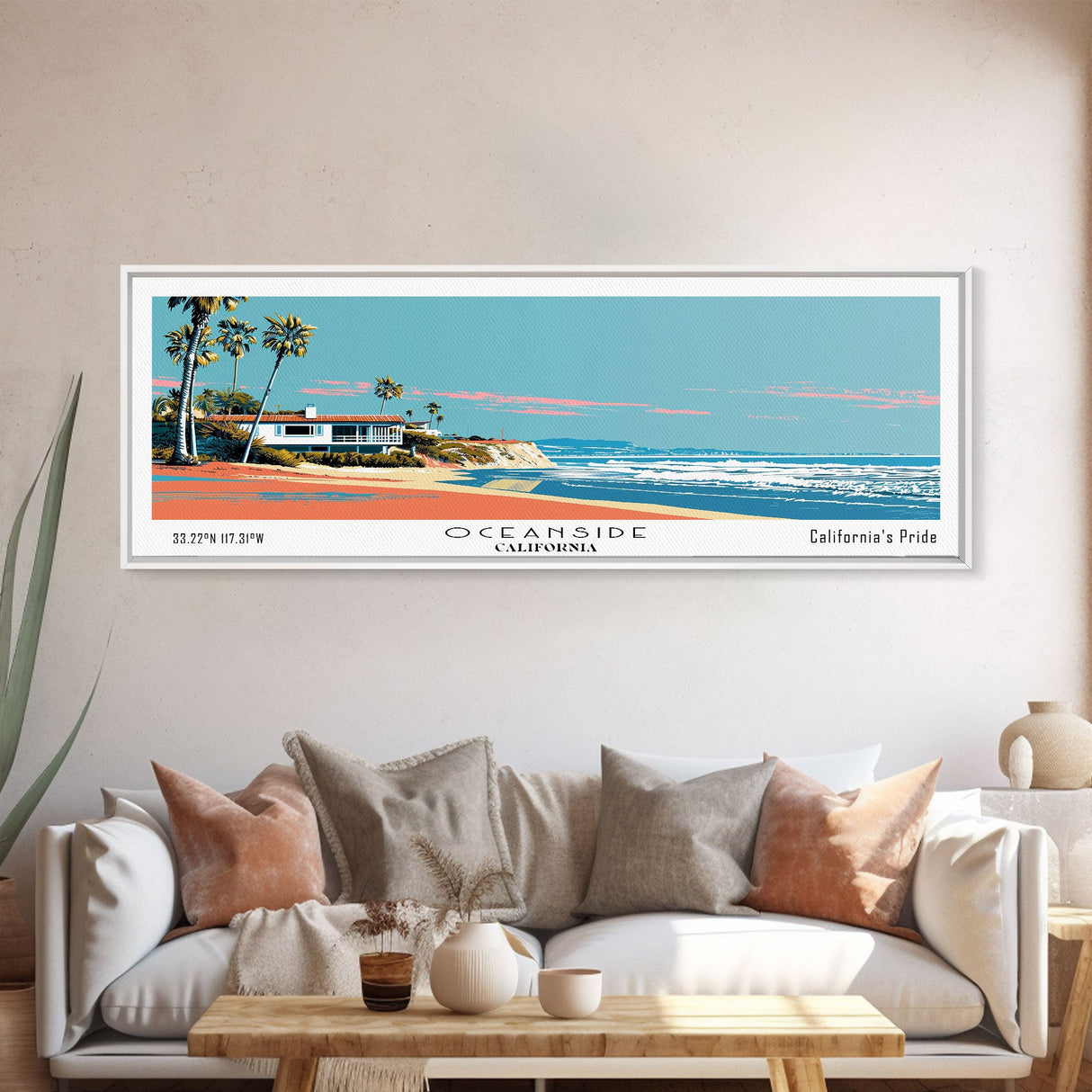 Oceanside California Panoramic Wall Art, Mid Century Modern Framed Canvas Print, Retro Pop Art Travel Poster, City Art, Office Wall Decor, Living Room Art