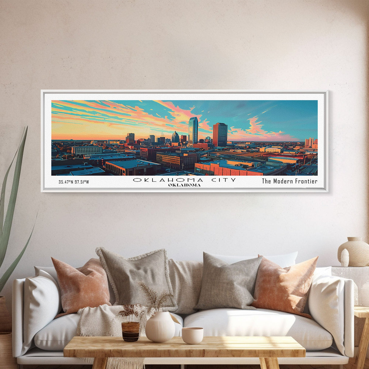 Oklahoma City Oklahoma Panoramic Painting, Mid Century Modern Framed Canvas Print, Retro Pop Art Travel Poster, City Art, Office Wall Decor, Living Room Art