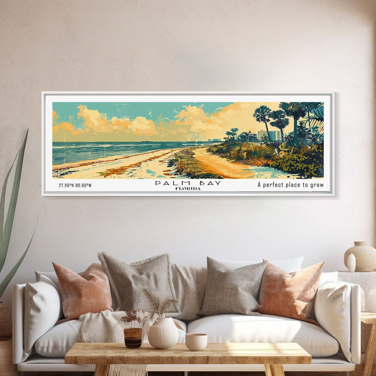 Palm Bay Florida Panoramic Wall Art, Mid Century Modern Framed Canvas Print, Retro Pop Art Travel Poster, City Art, Office Wall Decor, Living Room Art