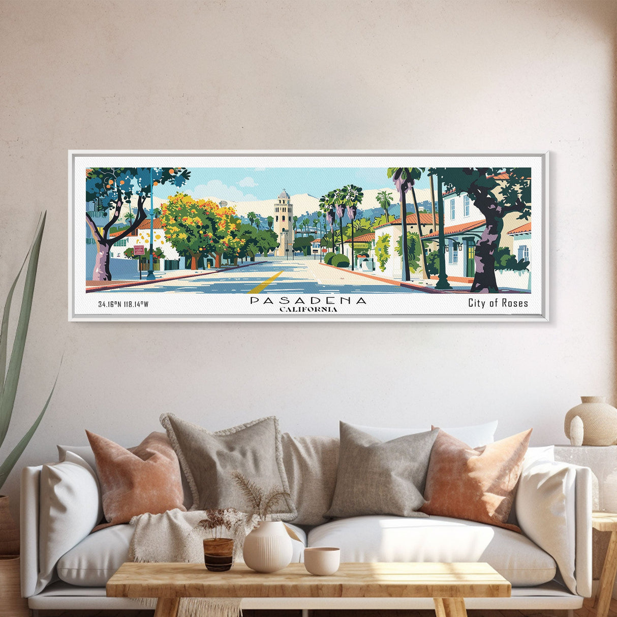 Pasadena California Panoramic Painting, Mid Century Modern Framed Canvas Print, Retro Pop Art Travel Poster, City Art, Office Wall Decor, Living Room Art