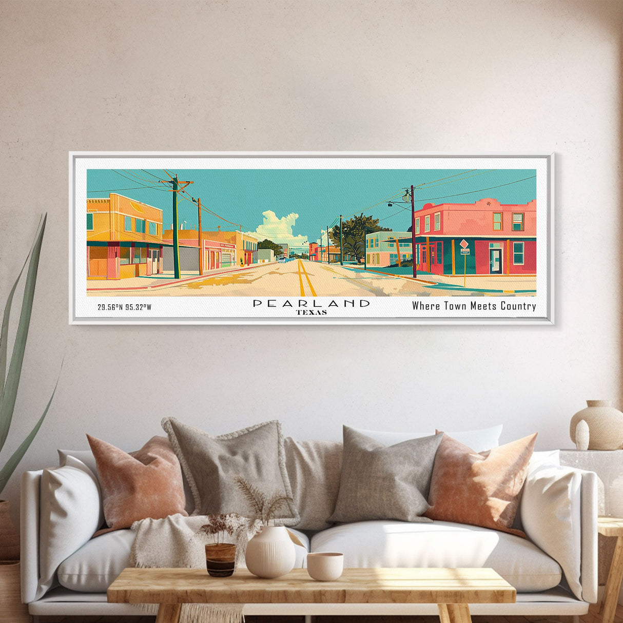 Pearland Texas Panoramic Painting, Mid Century Modern Framed Canvas Print, Retro Pop Art Travel Poster, City Art, Office Wall Decor, Living Room Art