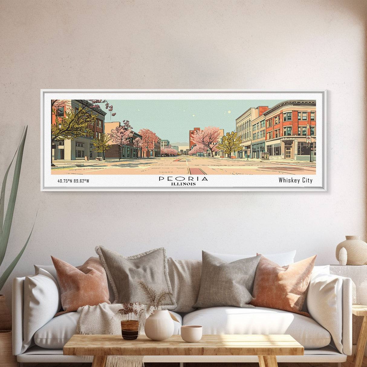 Peoria Illinois Panoramic Painting, Mid Century Modern Framed Canvas Print, Retro Pop Art Travel Poster, City Art, Office Wall Decor, Living Room Art