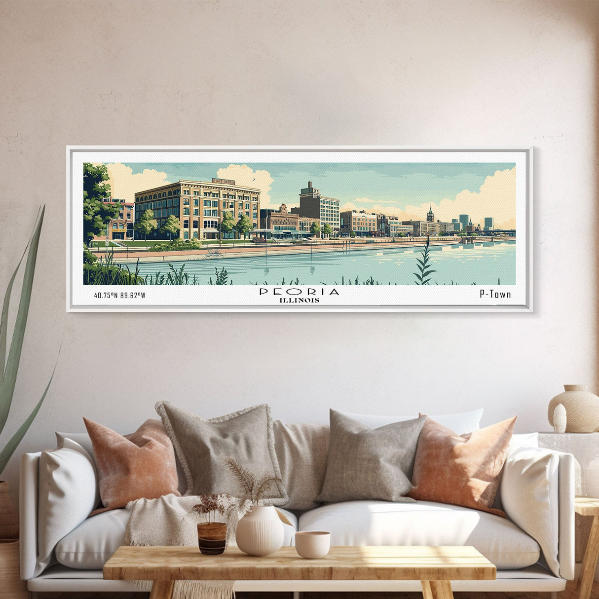 Peoria Illinois Panoramic Painting, Mid Century Modern Framed Canvas Print, Retro Pop Art Travel Poster, City Art, Office Wall Decor, Living Room Art