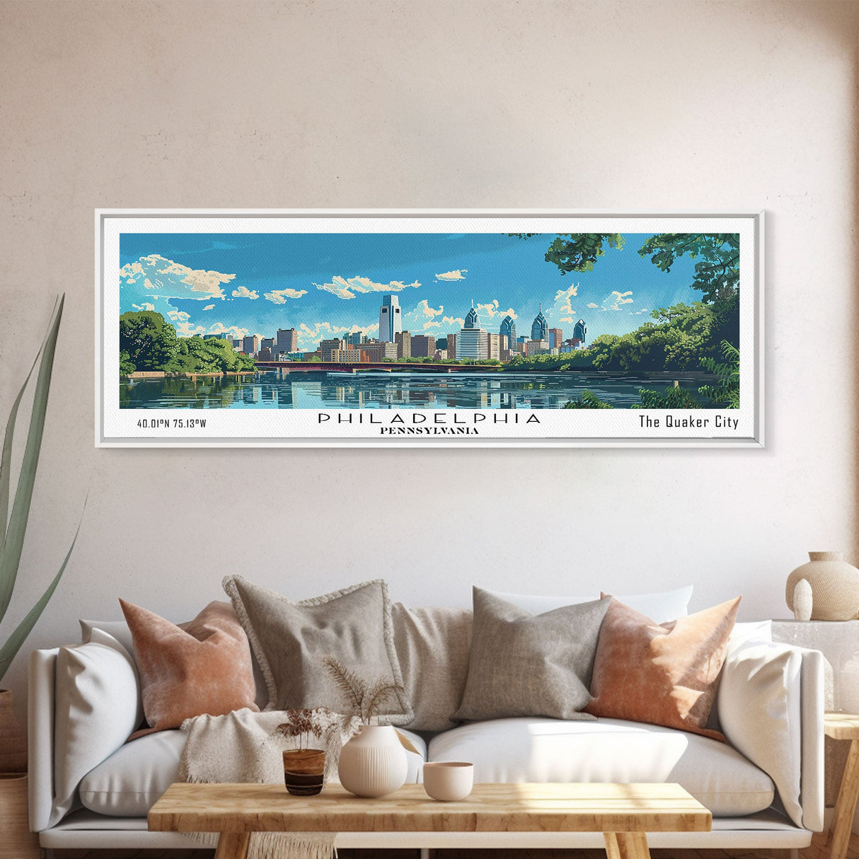 Philadelphia Pennsylvania Panoramic Painting, Mid Century Modern Framed Canvas Print, Retro Pop Art Travel Poster, City Art, Office Wall Decor, Living Room Art