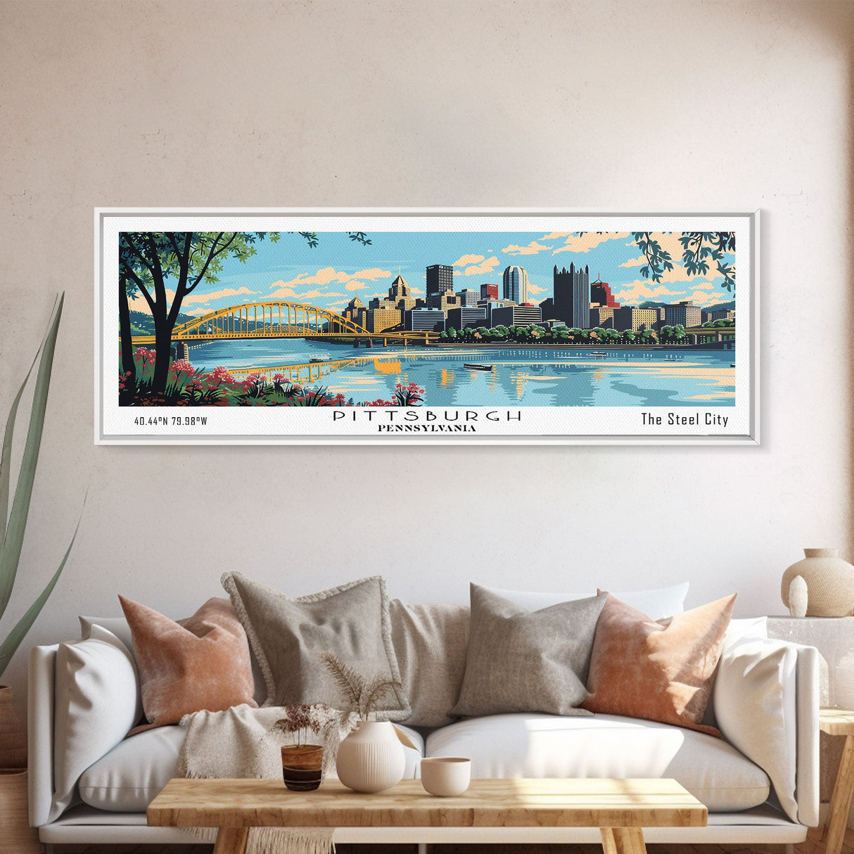 Pittsburgh Pennsylvania Panoramic Wall Art, Mid Century Modern Framed Canvas Print, Retro Pop Art Travel Poster, City Art, Office Wall Decor, Living Room Art